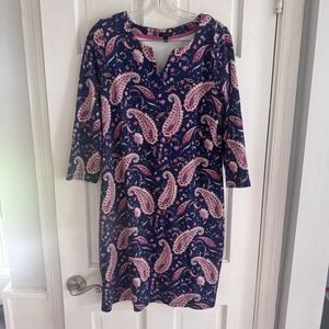 Talbots Dress Women's Sz M Blue Pink Paisley Split Neck 3/4 Sleeve Boho Comfy
